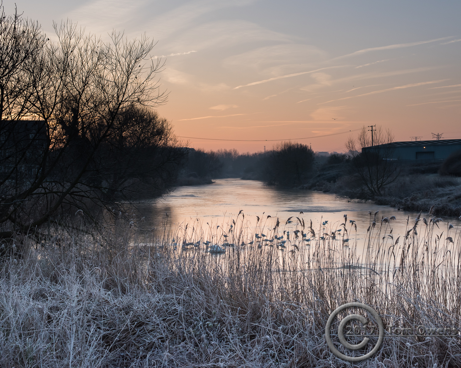 Frozen river ice and pre sunrise sky