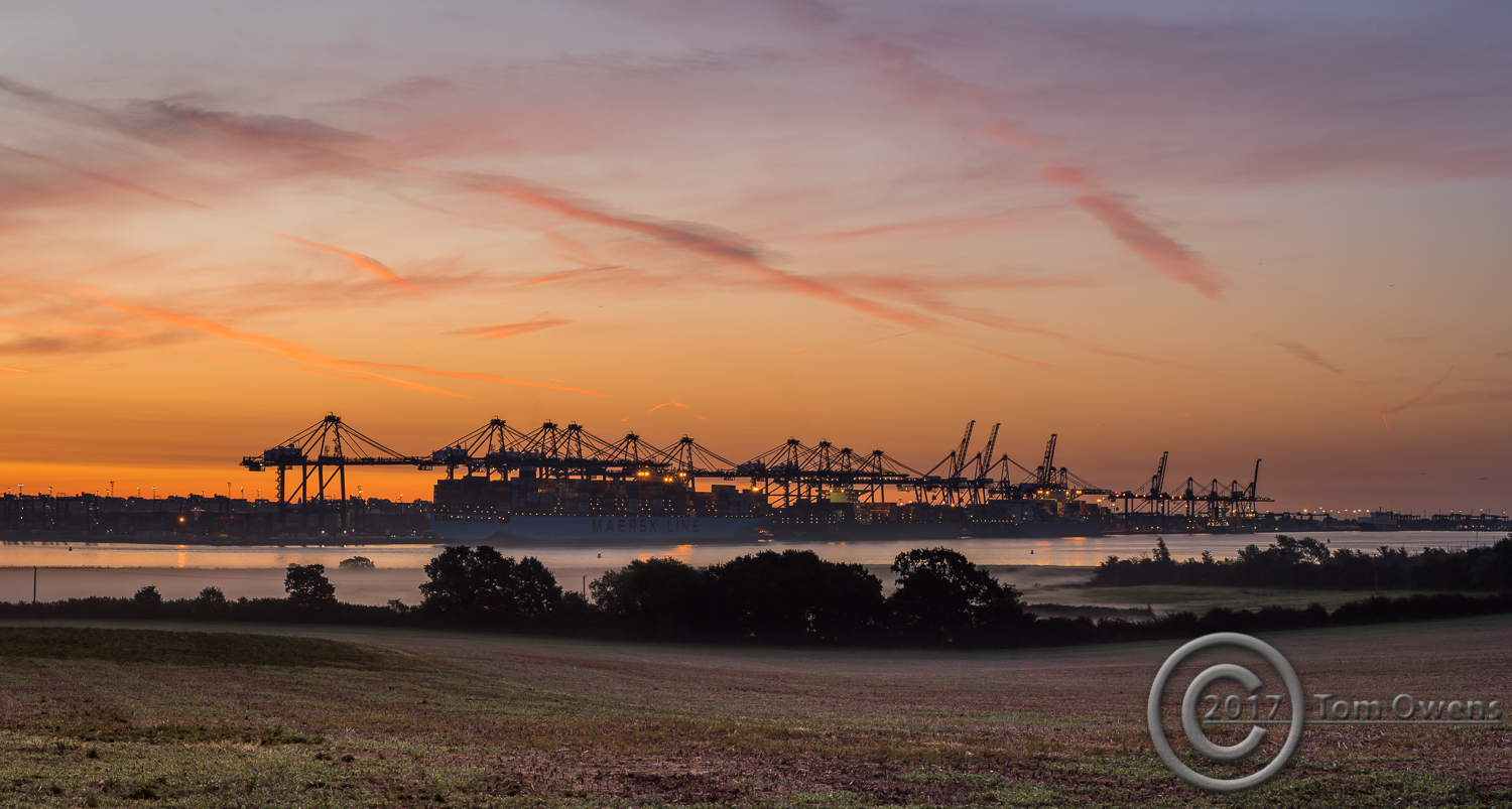 Container ships being worked at sunrise