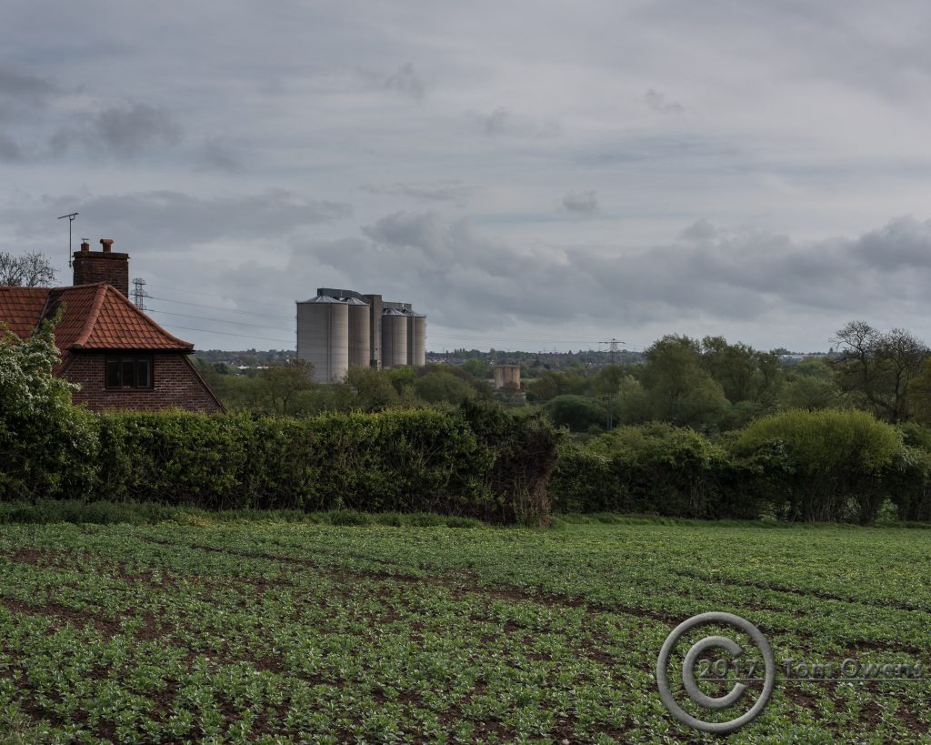 Fields with sugar beet silos in distance